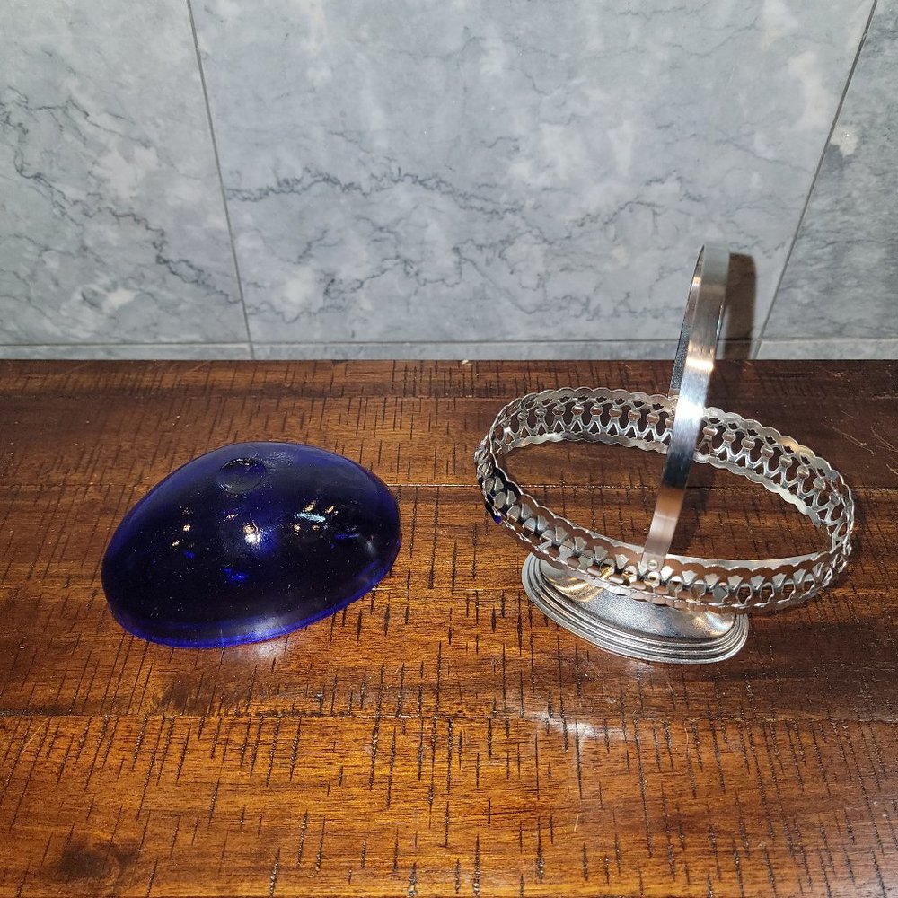 Vintage Cobalt Blue Glass Jam/Condiment/Candy Dish, Chrome Plate Basket Stand - Picture 3 of 4